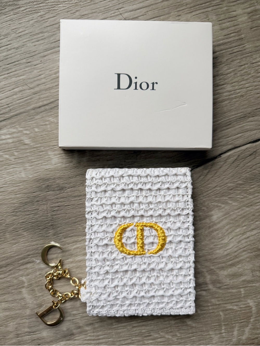 Dior Crocheted Folding Pocket Mirror SEALED w Gold Chain ‘C’ & ‘D’ SEALED Charms